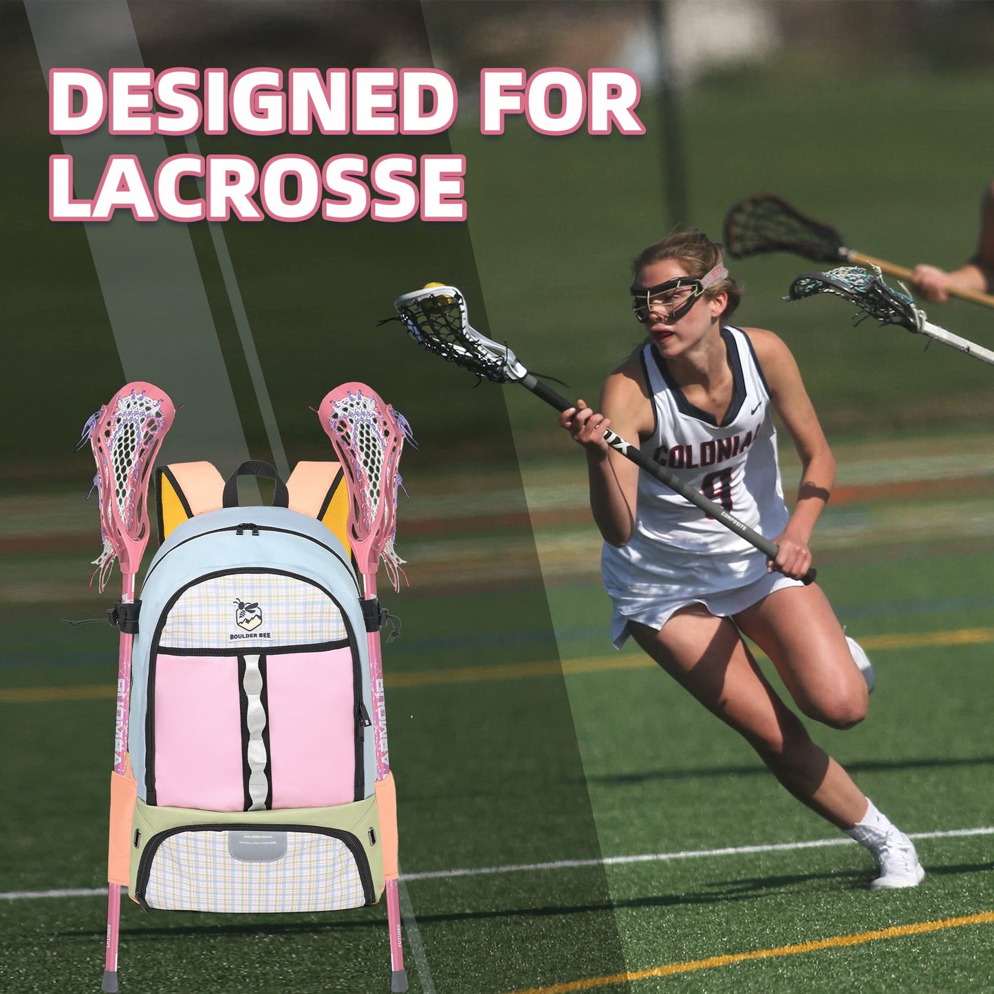 Girls Large Lacrosse Field Hockey Backpack with Stick Holders (10.6"x 14.5"x 22.4")
