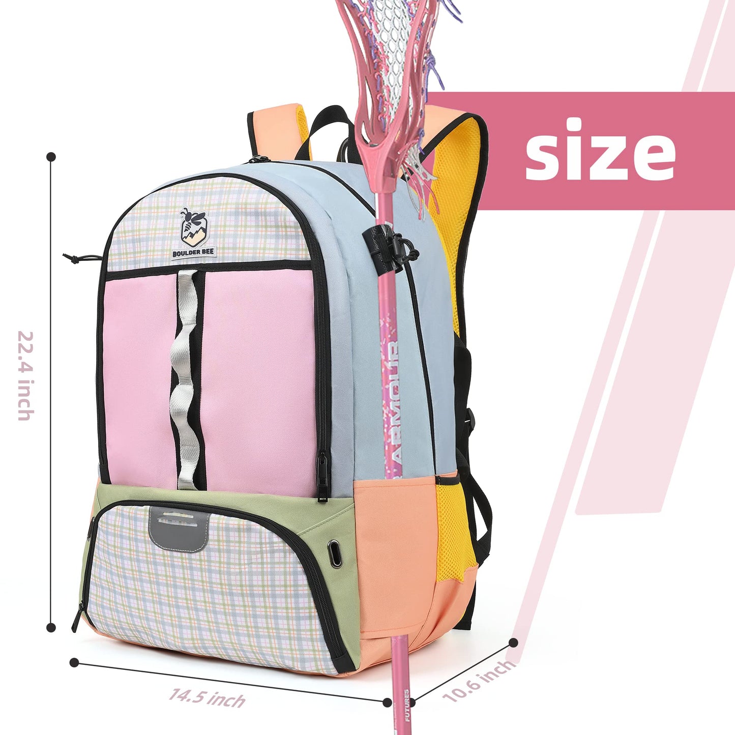 Girls Large Lacrosse Field Hockey Backpack with Stick Holders (10.6"x 14.5"x 22.4")