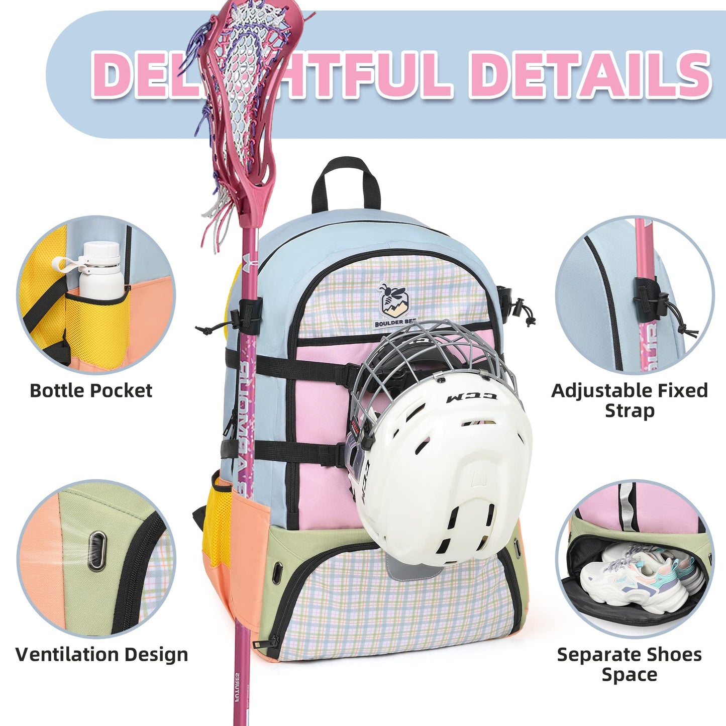Girls Large Lacrosse Field Hockey Backpack with Stick Holders (10.6"x 14.5"x 22.4")