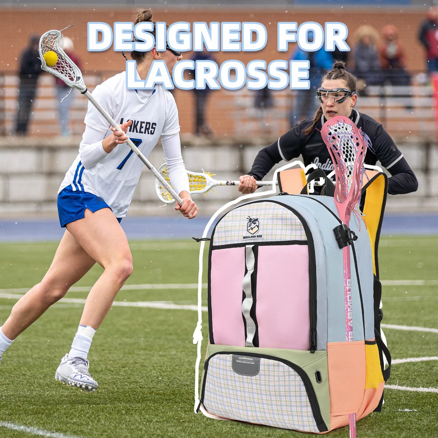 Girls Large Lacrosse Field Hockey Backpack with Stick Holders (10.6"x 14.5"x 22.4")