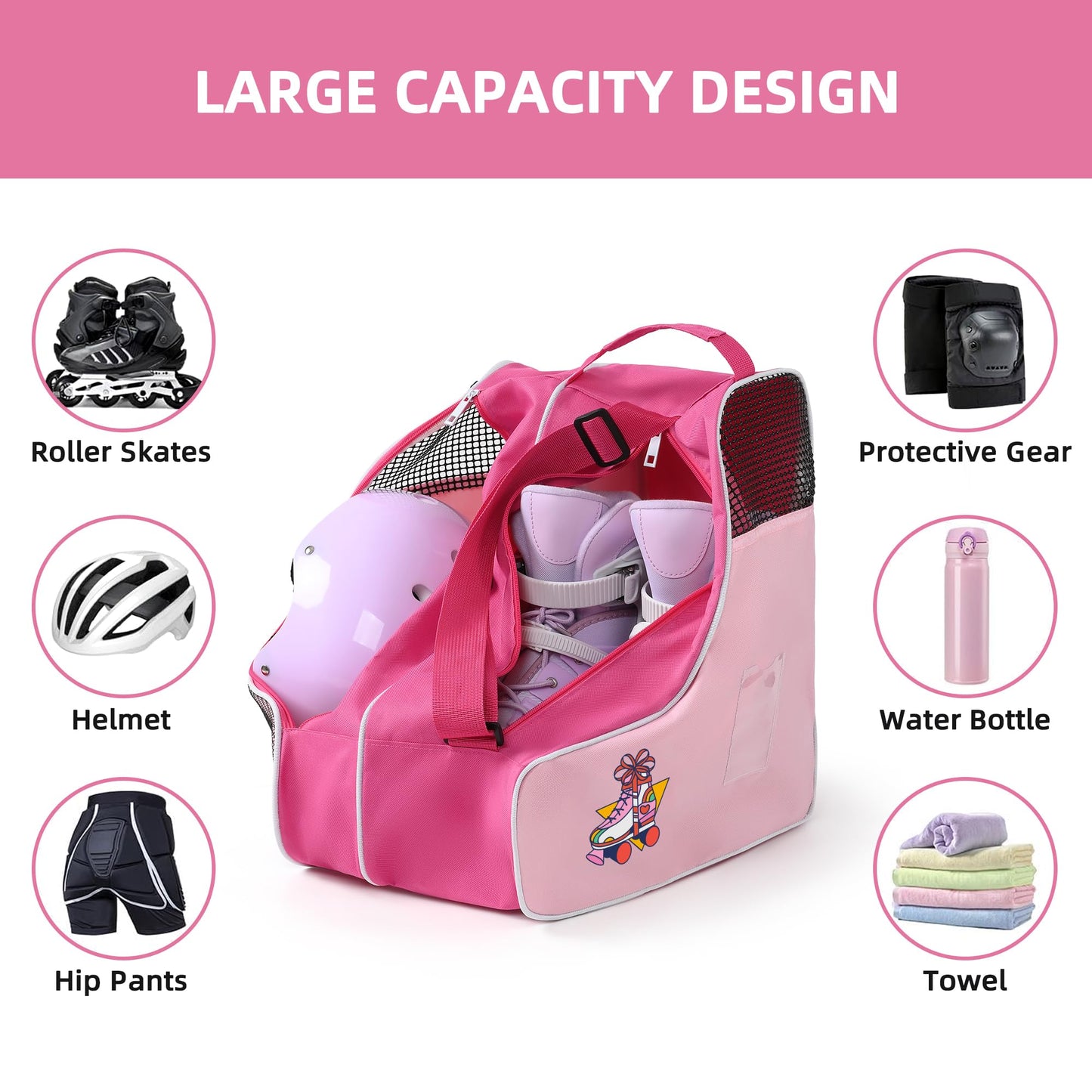 BOULDER BEE Roller Skate Bag, Ice Skate Bag for Women with Adjustable Shoulder Strap, Shoe Bag for Ice Skating/Inline Skates, for Both Kids and Adults