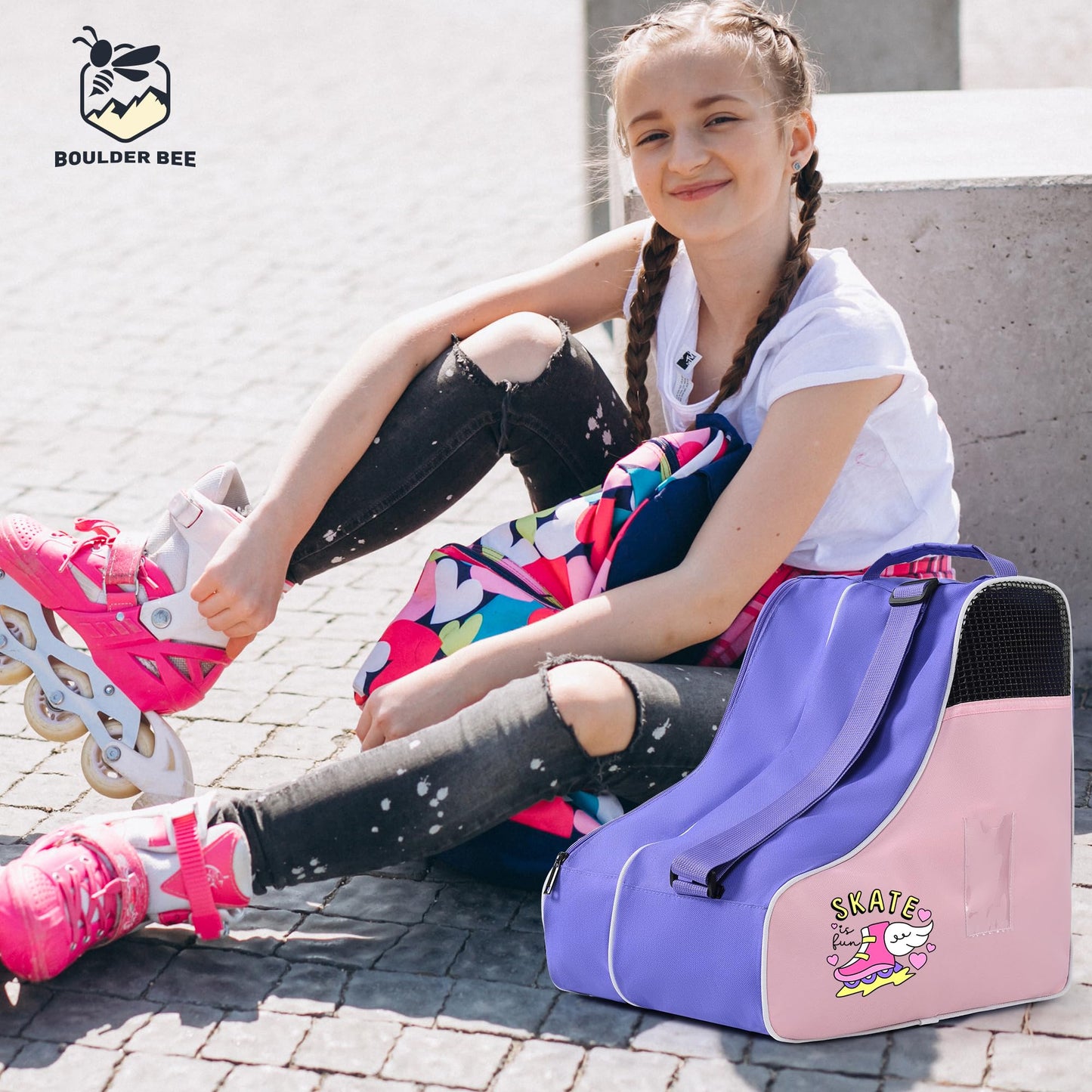 BOULDER BEE Roller Skate Bag, Ice Skate Bag for Women with Adjustable Shoulder Strap, Shoe Bag for Ice Skating/Inline Skates, for Both Kids and Adults