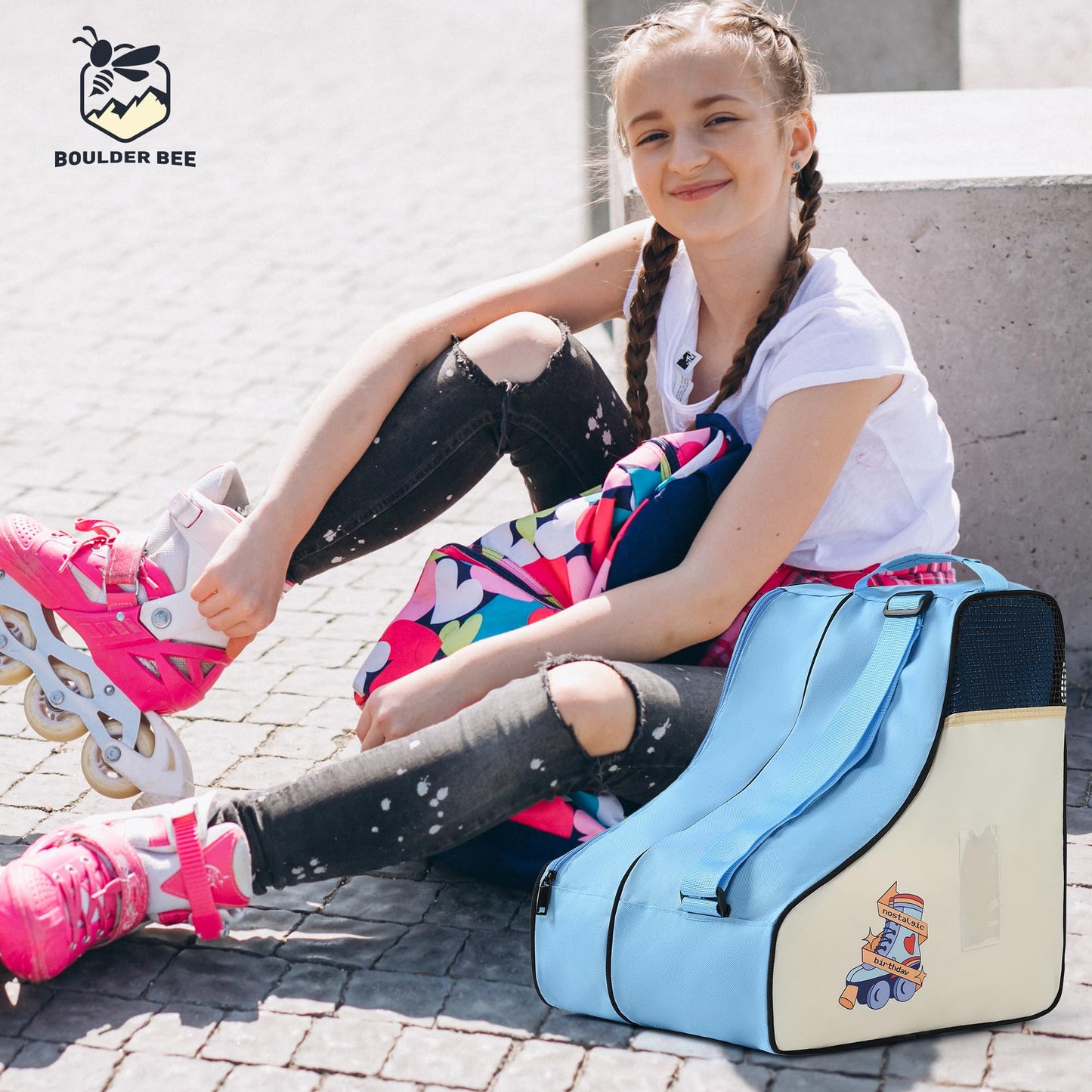 BOULDER BEE Roller Skate Bag, Ice Skate Bag for Women with Adjustable Shoulder Strap, Shoe Bag for Ice Skating/Inline Skates, for Both Kids and Adults