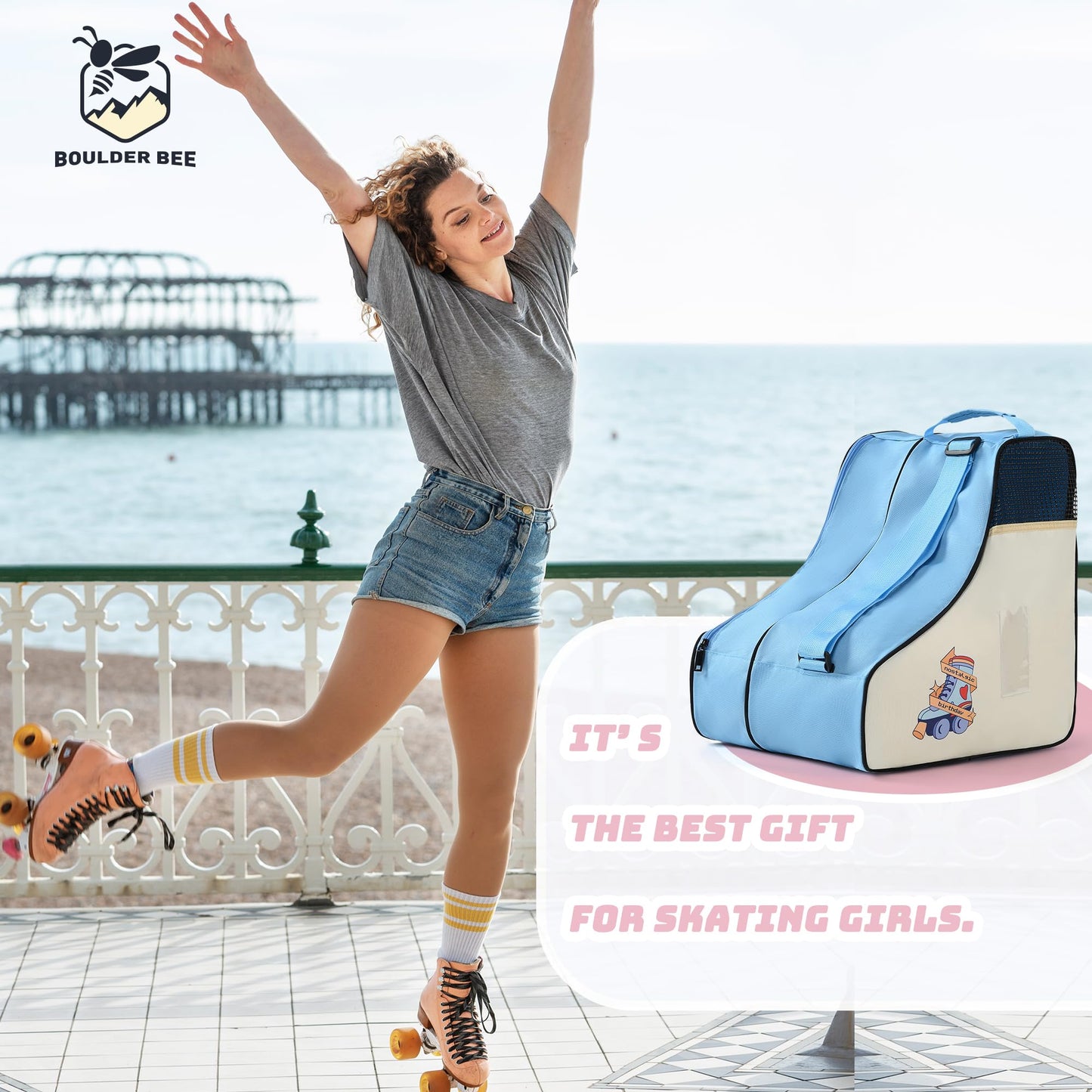 BOULDER BEE Roller Skate Bag, Ice Skate Bag for Women with Adjustable Shoulder Strap, Shoe Bag for Ice Skating/Inline Skates, for Both Kids and Adults