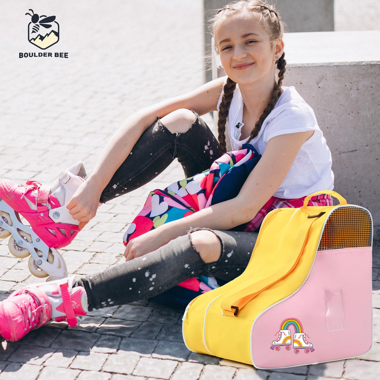 BOULDER BEE Roller Skate Bag, Ice Skate Bag for Women with Adjustable Shoulder Strap, Shoe Bag for Ice Skating/Inline Skates, for Both Kids and Adults