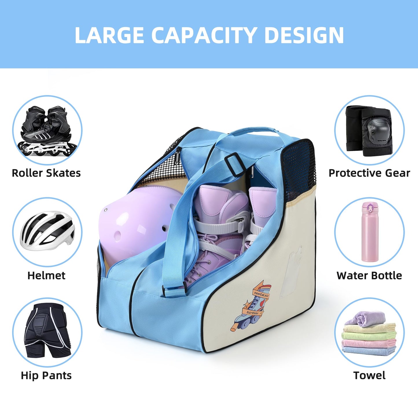 BOULDER BEE Roller Skate Bag, Ice Skate Bag for Women with Adjustable Shoulder Strap, Shoe Bag for Ice Skating/Inline Skates, for Both Kids and Adults