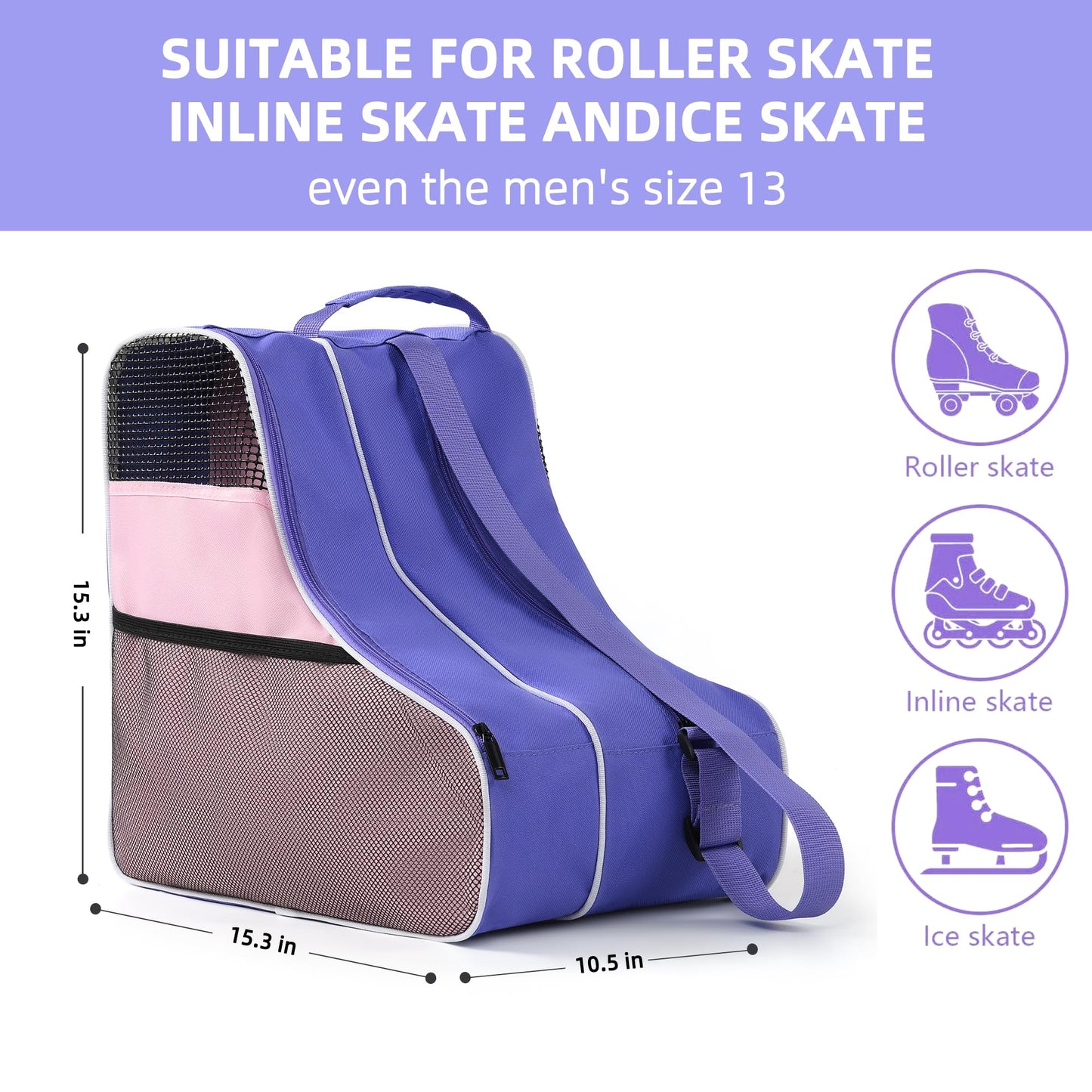 BOULDER BEE Roller Skate Bag, Ice Skate Bag for Women with Adjustable Shoulder Strap, Shoe Bag for Ice Skating/Inline Skates, for Both Kids and Adults