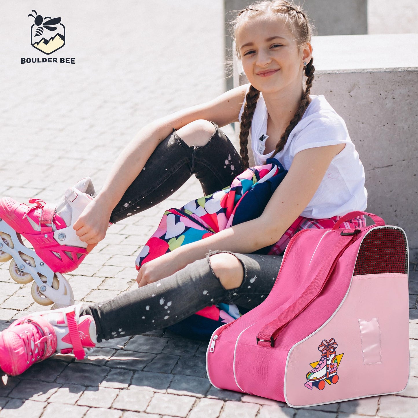 BOULDER BEE Roller Skate Bag, Ice Skate Bag for Women with Adjustable Shoulder Strap, Shoe Bag for Ice Skating/Inline Skates, for Both Kids and Adults