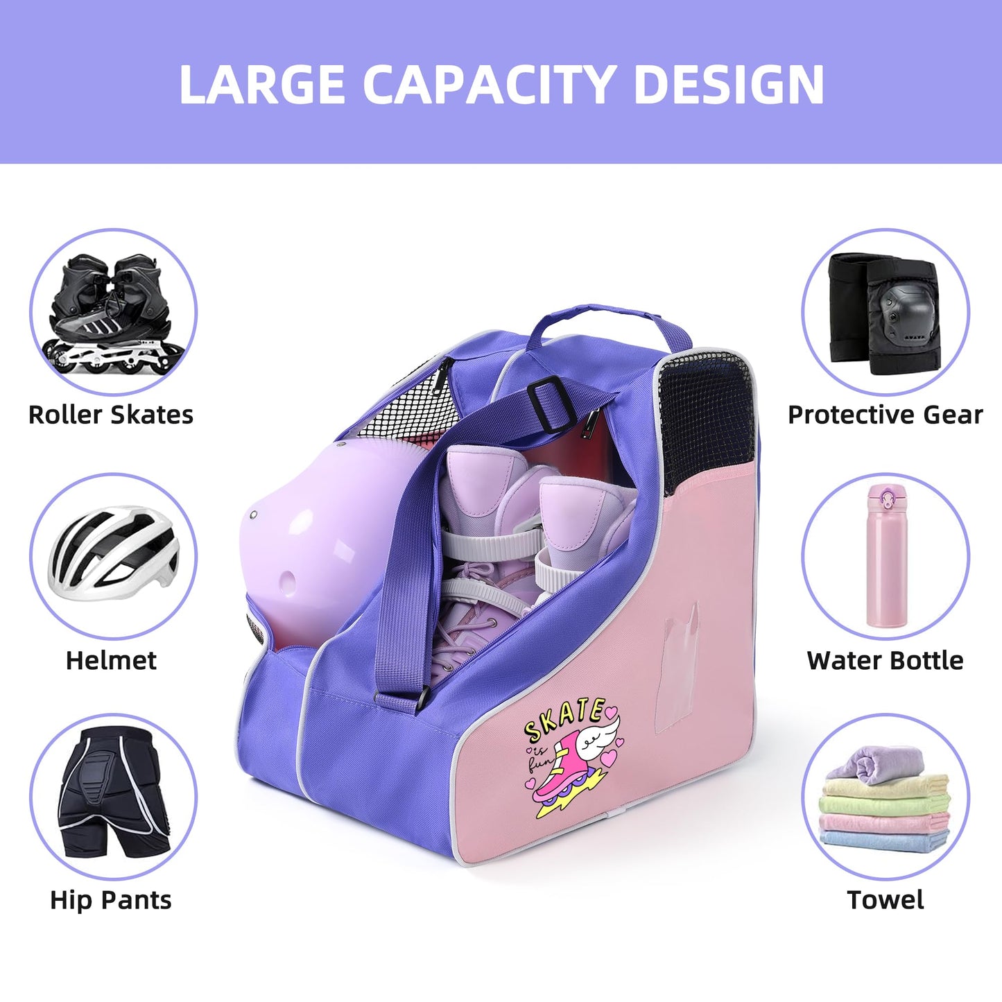 BOULDER BEE Roller Skate Bag, Ice Skate Bag for Women with Adjustable Shoulder Strap, Shoe Bag for Ice Skating/Inline Skates, for Both Kids and Adults