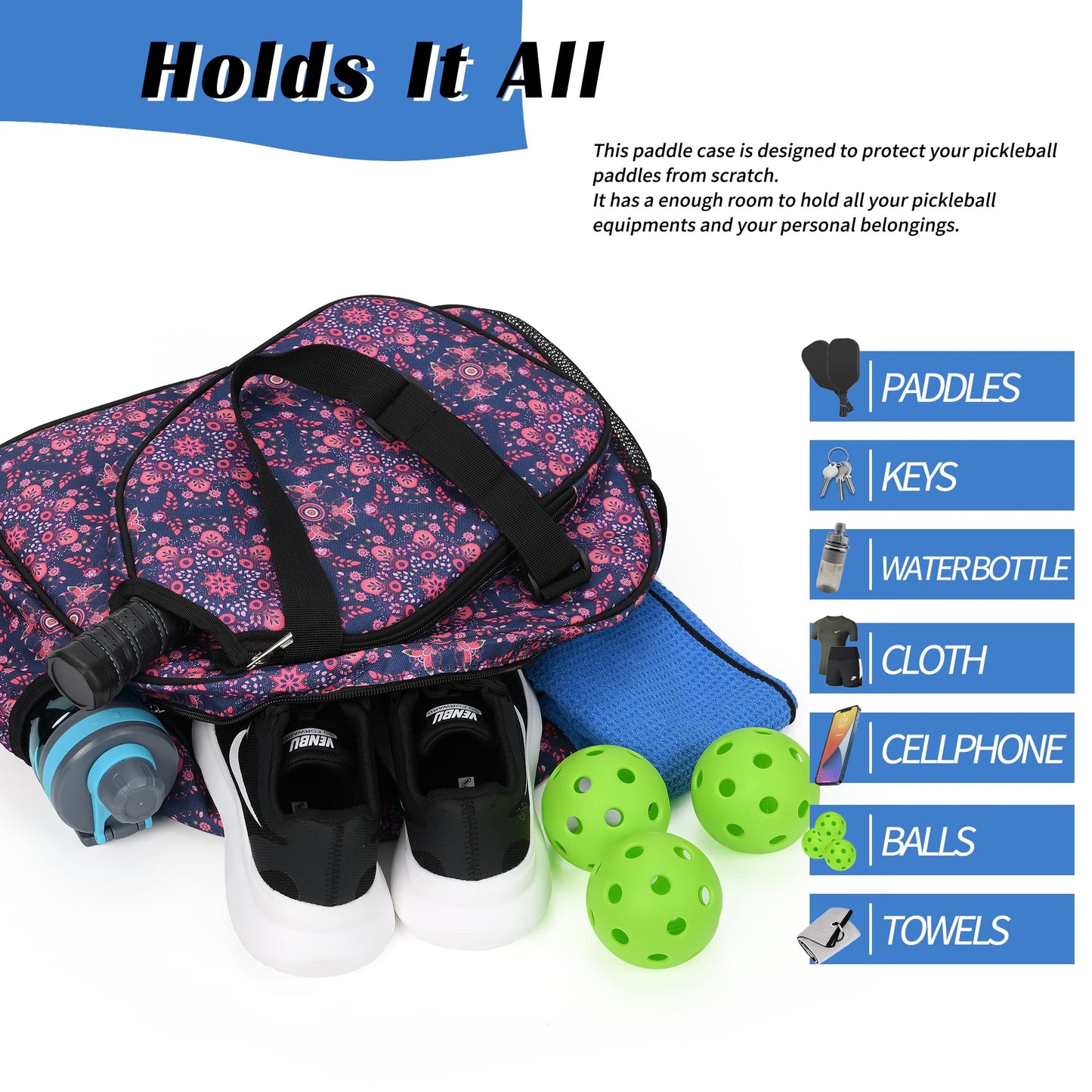 Pickleball Bags, Premium PickleBall Tote Bag for Girls, Women’s Hand/Shoulder Gym Bag w Water Bottle Holder, with Pickleball Racquet/Paddle Holder